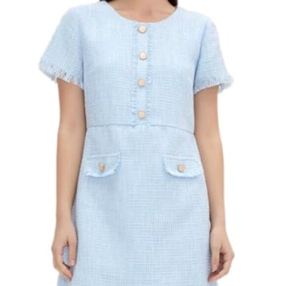 Medium Light Powder Blue Unique Tweed Mini Shift Office Siren Dress Classic Work - Picture 1 of 13